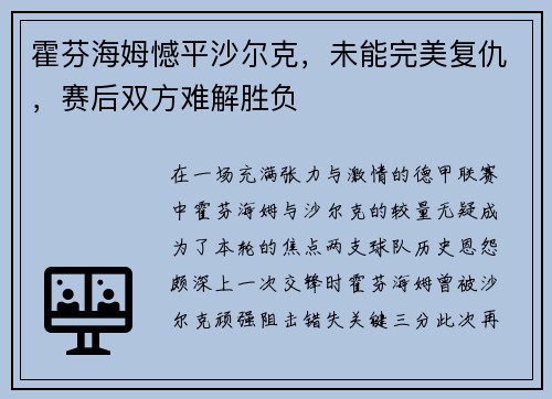 霍芬海姆憾平沙尔克，未能完美复仇，赛后双方难解胜负